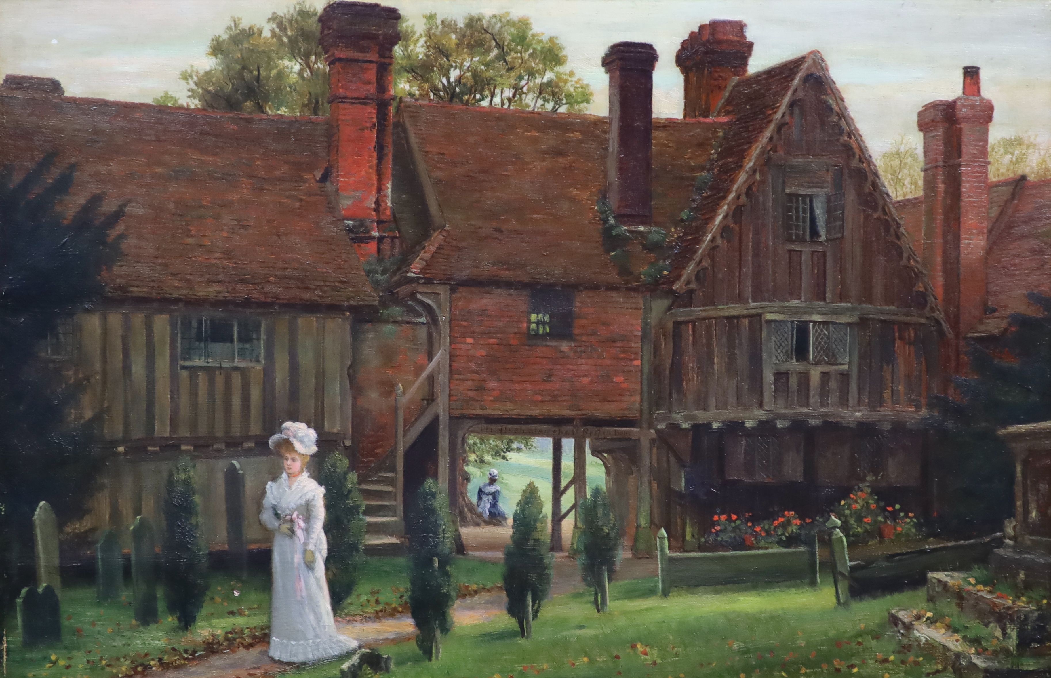 Arthur Langley Vernon (Exh.1880-1917), Edwardian lady standing before a 17th century house, oil on canvas, 30 x 45cm